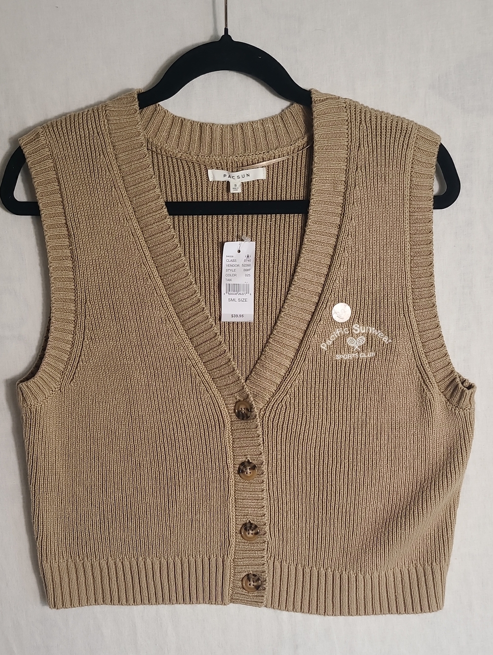 PacSun NWT Sports Club Beige Knit Button-Front Cropped Vest Size Small